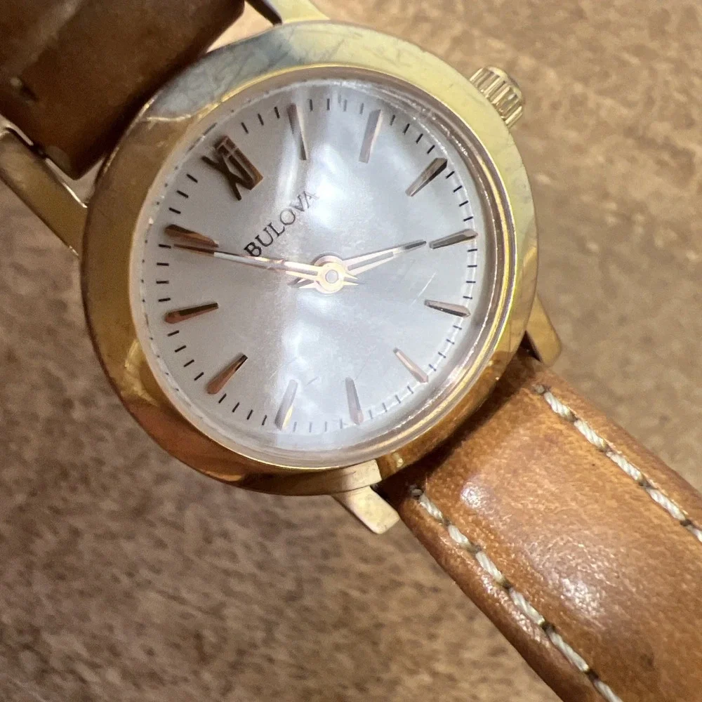 Bulova Women's Analog Brown Genuine Leather Gold Tone Quartz Watch Needs Battery